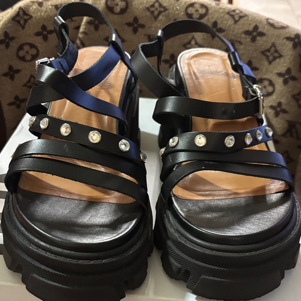 Ganni Black Strappy Sandals with Stud Accents